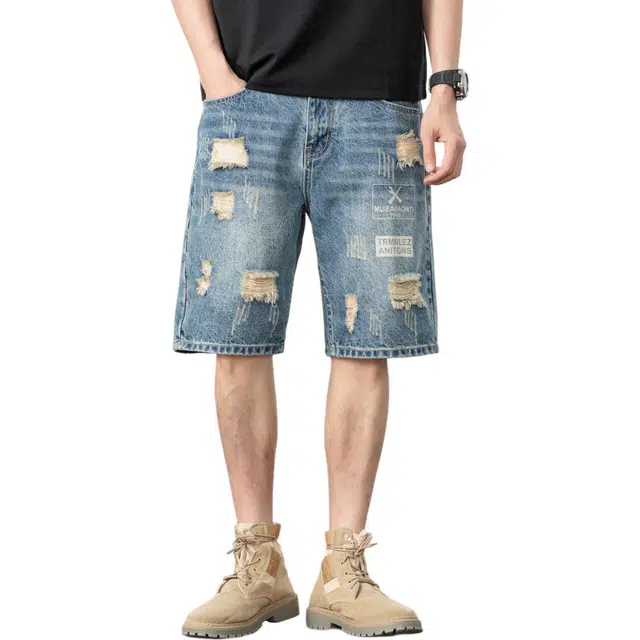 瑞梵帝斯 美式复古百搭潮流高街水洗做旧破洞宽松嘻哈街头通勤清爽直筒阔腿简约休闲运动棉质面料五分牛仔裤男生短裤 男款