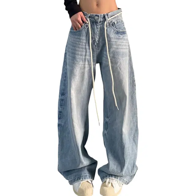 冈哉 美式复古水洗做旧纯色基础款抽绳设计时尚潮流百搭日常通勤休闲舒适宽松直筒牛仔裤 男女同款