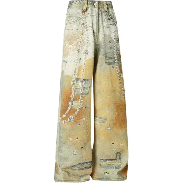 零氏 美式高街高级感链条印花重工直筒宽松垂感拖地亲肤舒适学院风日常通勤旅行百搭潮流时尚薄款长裤牛仔裤 男女同款