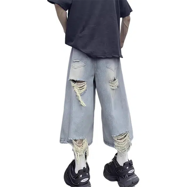 单爵 破洞夏季美式乞丐五分裤子直筒宽松高腰工装裤牛仔短裤 男女同款