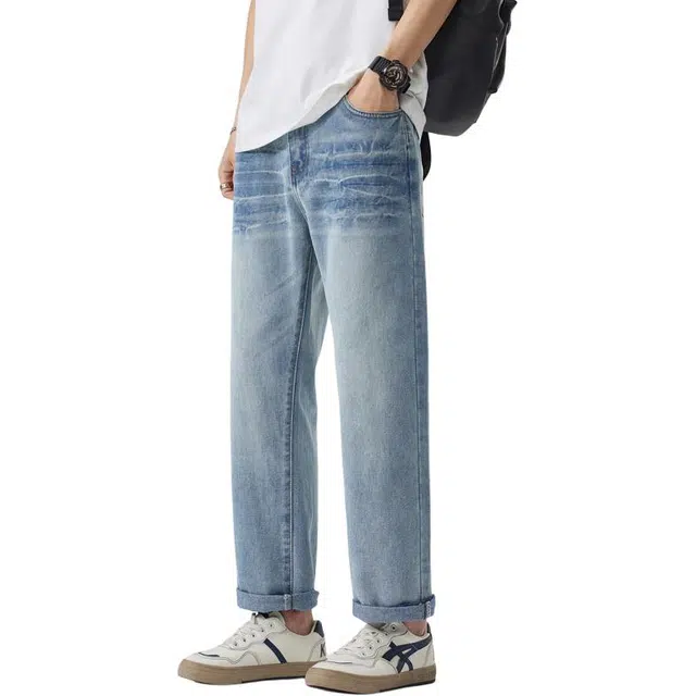 潮人榜 美式高街闪电纹设计感宽松裤子男夏季潮牌百搭休闲痞帅直筒九分牛仔裤 男女同款