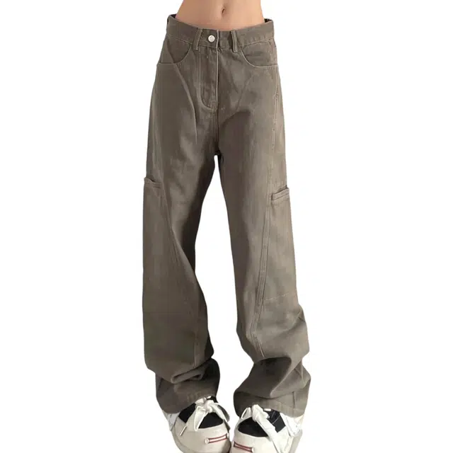 冈哉 美式复古解构拼接侧边大口袋设计美拉德风宽松舒适慵懒松弛时尚潮流百搭休闲牛仔裤 男女同款