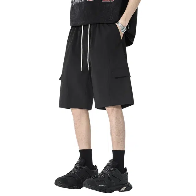 顶峰保罗 美式冰丝工装大口袋多巴胺直筒外穿薄款宽松五分中裤百搭潮牌显高垂顺痞帅无性别主义运动健身弹力休闲短裤 男女同款