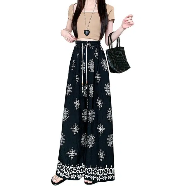 纤丝鸟 复古时尚印花图案高腰阔腿宽松舒适垂感休闲裤 女款