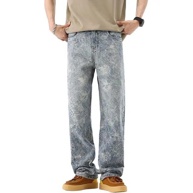 宝米卡 美式提花潮流韩版痞帅直筒裤百搭个性宽松阔腿长裤牛仔裤 男女同款