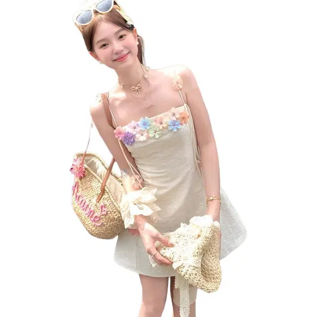 纤丝鸟 提花一字领收腰韩系甜美温柔时尚百搭吊带连衣裙 女款