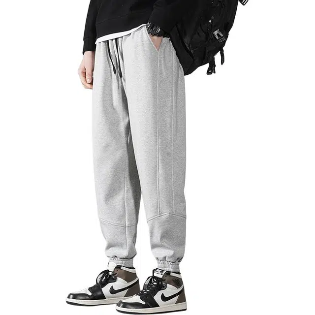 么宁 纯色简约百搭宽松束脚裤舒适透气垂顺拼接个性痞帅运动休闲裤 男女同款