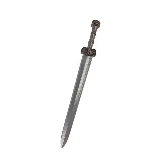 天字号 小春秋剑 微型迷你刀剑大马士革刃合金手柄皮套 未开刃 成品模型