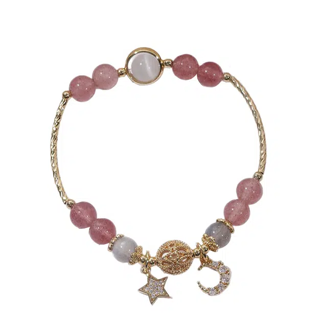 前方大荒野 星月草莓粉串珠链梦幻星辰月牙相伴浪漫迷人甜美精致时尚小众设计轻奢高级感小清新灵动气质 菩提根 手链 女款