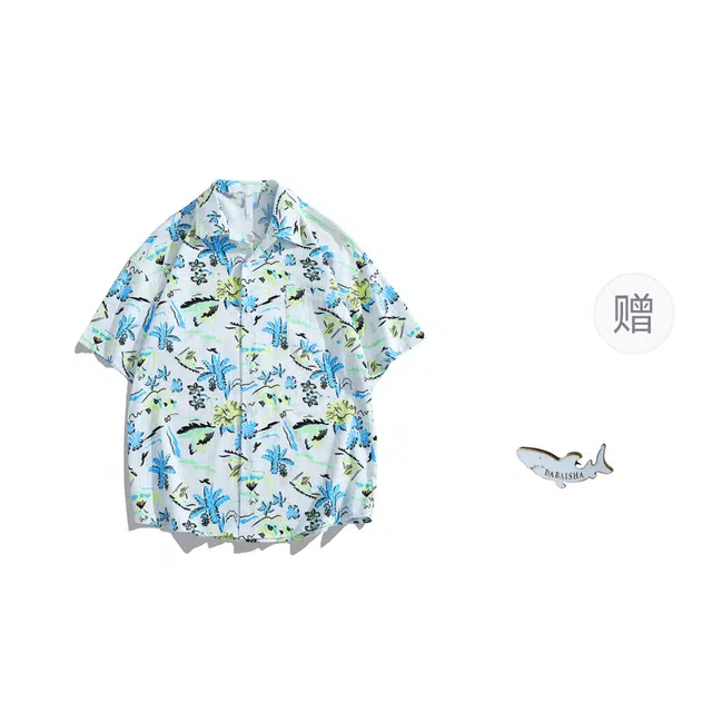 大白鲨 港味古感短袖男泰国夏威夷复古衬衣痞帅外套潮衬衫 男款 大溪地蓝