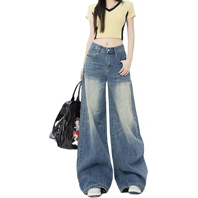 如续 美式复古辣妹水洗做旧蓝垂感阔腿直筒长裤&加长牛仔裤 女款