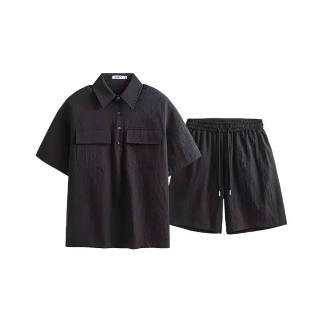 零氏 夏季泡泡纱工装纯色简约速干舒适百搭时尚宽松经典基础款上衣短袖五分短裤两件套休闲运动套装 男女同款