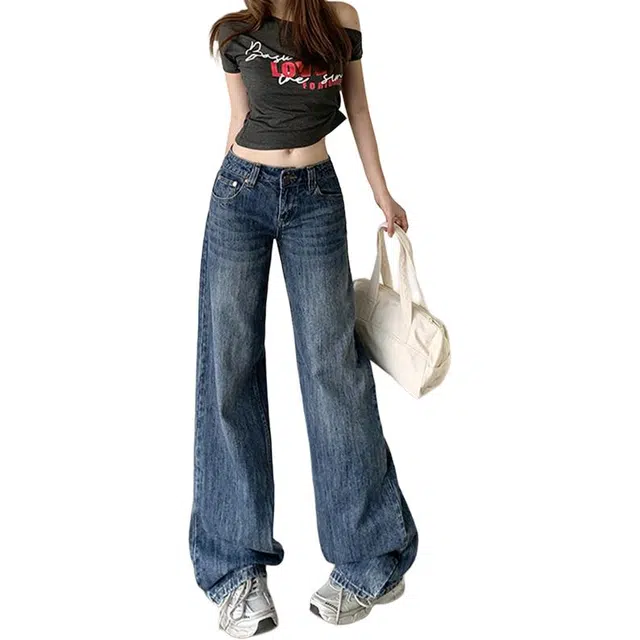 如续 复古竖纹水洗直筒显瘦低腰翻盖拖地裤长裤&加长牛仔裤 女款