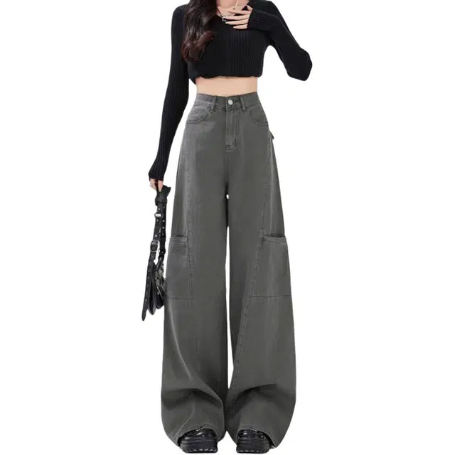 北极绒 美式工装女宽松显瘦直筒休闲阔腿拖地裤子牛仔裤 女款