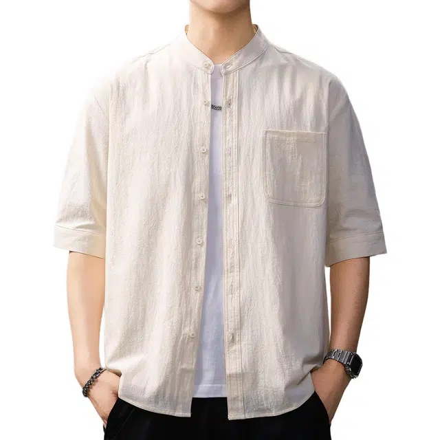 贵色 夏季 中式立领纯色简约风格短袖男士时尚潮流百搭易打理肌理感单排扣拼接口袋设计休闲半袖衬衣衬衫 宽松 男女同款