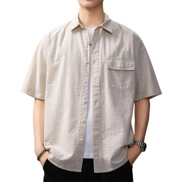 贵色 夏季 户外出行经典百搭泡泡纱短袖男士时尚潮流轻商务通勤设计舒适透气拼接口袋条纹半袖衫上衣衬衫 宽松 男女同款