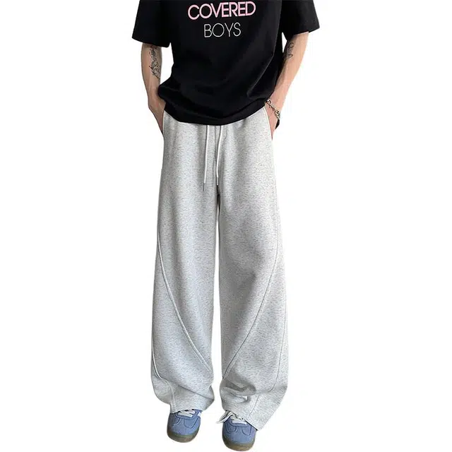 加荣 美式运动垂坠感直筒阔腿弯刀裤男夏季轻薄透气潮牌青少年户外出行百搭男裤港风情侣裤抽绳松紧腰痞帅休闲裤长裤 男女同款