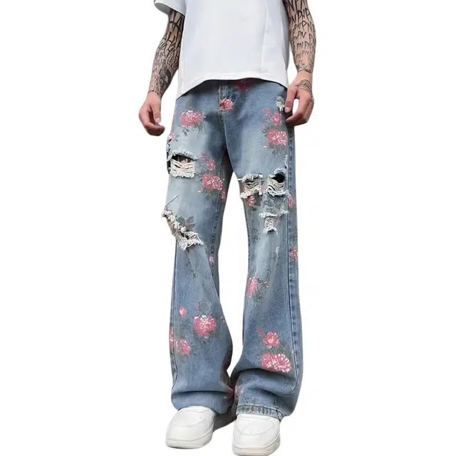 黑马漫画 花卉满印破洞牛仔裤夏季美式高街痞帅炸街裤子宽松直筒微喇叭裤 男女同款