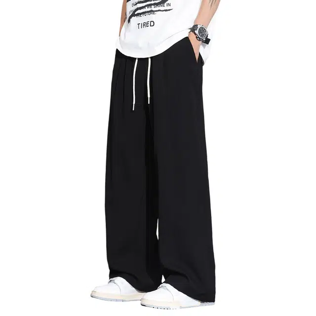 顶峰保罗 老钱风慵懒亚麻垂感纯色松弛感无性别主义直筒阔腿山本裤弹力抽绳显高拖地百搭宽松潮牌休闲裤 男女同款