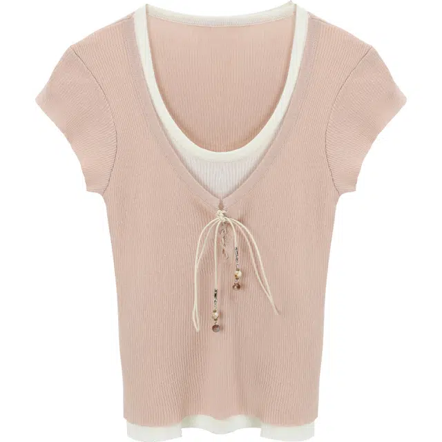 谜秀 设计感小众假两件拼色短袖通勤套头针织衫 女款