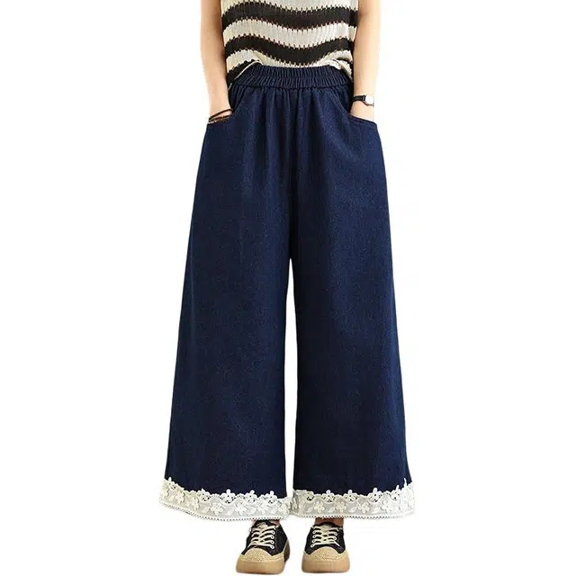 纤丝鸟 时尚潮流蕾丝花边阔腿裤宽松显瘦轻盈舒适百搭休闲裤 女款