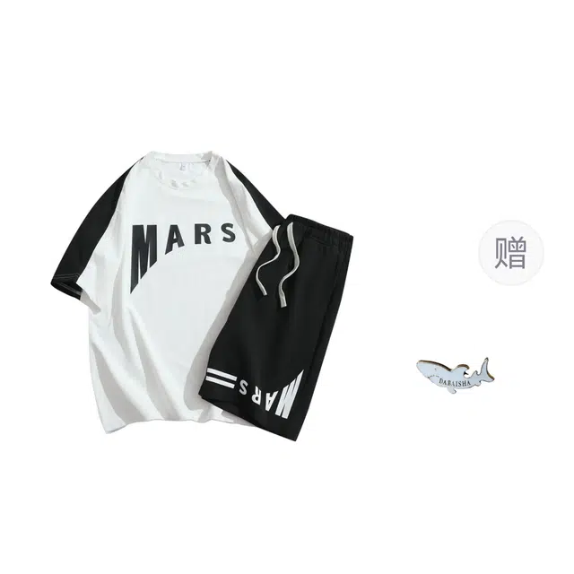 大白鲨 港风圆领两件套短裤休闲运动套装 男款