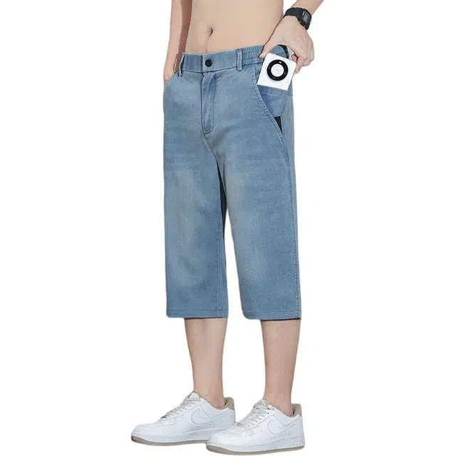 协协乐 薄款冰丝凉感透气宽松直筒阔腿美式潮牌复古百搭休闲中裤子牛仔短裤 男款