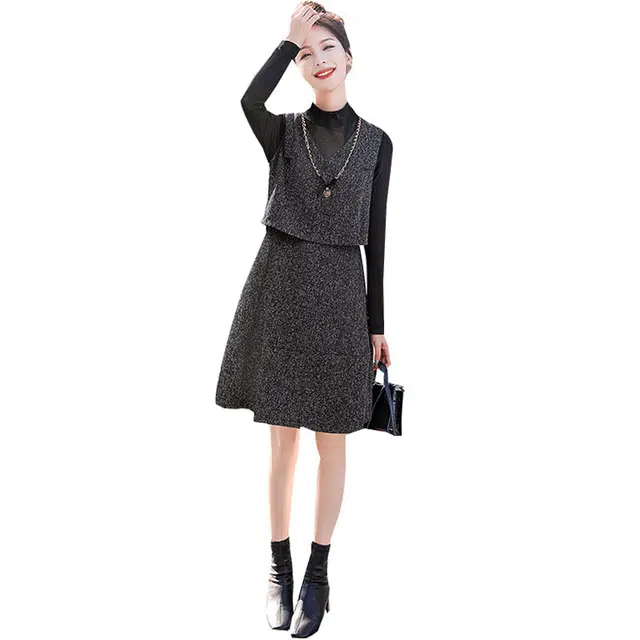 丝柏舍 立领假两件拼接上衣通勤简约中长款长袖连衣裙 女款 黑色