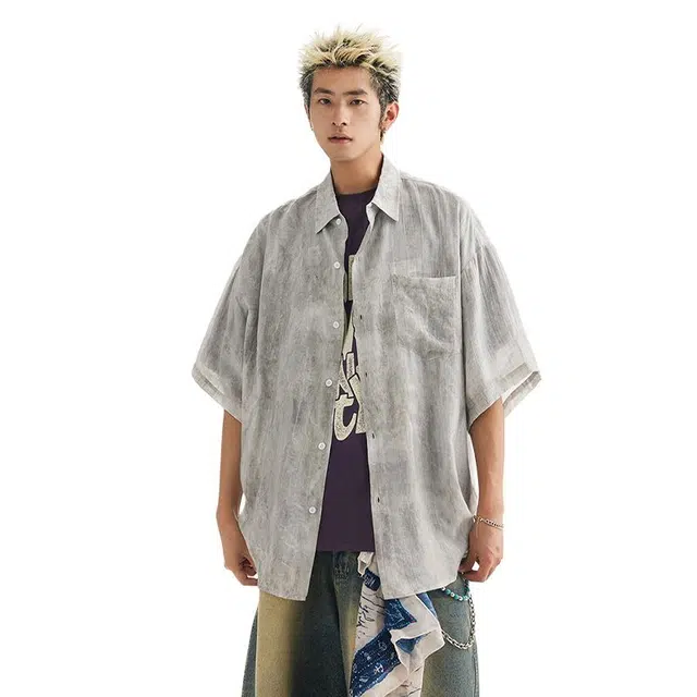 佐菲利 薄款防晒扎染速干宽松时尚短袖衬衫 男女同款