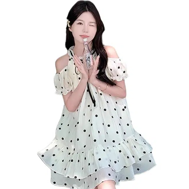 纤丝鸟 法式甜美露肩波点小个子气质蓬蓬短裙娃娃裙短袖连衣裙 女款