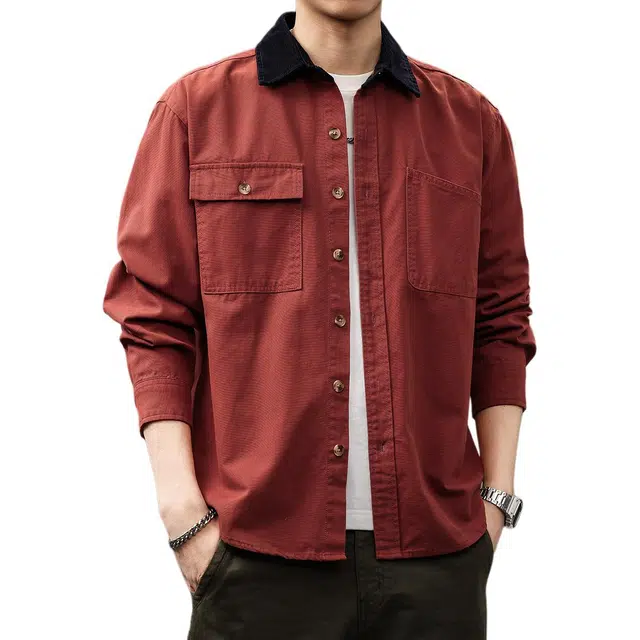 贵色 纯棉潮牌复古做旧硬汉风机车休闲工装美式重磅水洗高街长袖衬衫 男女同款