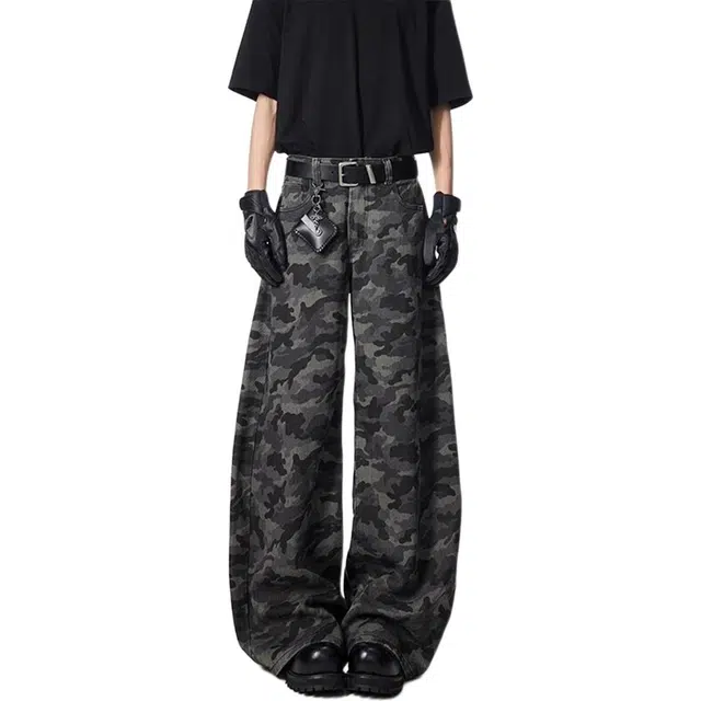 宝米卡 时尚高腰宽松潮牌美式高街时尚百搭潮流水洗复古做旧高级感阔腿裤迷彩废土牛仔裤 男女同款