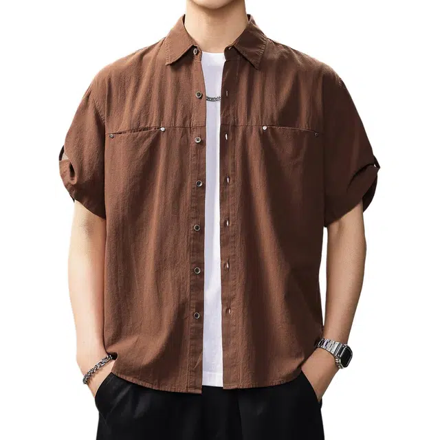 贵色 夏季 清新文艺复古学院风叠穿休闲纯棉薄款透气短袖时尚潮流百搭拼接口袋设计肌理感男士半袖外套衬衫 宽松 男款