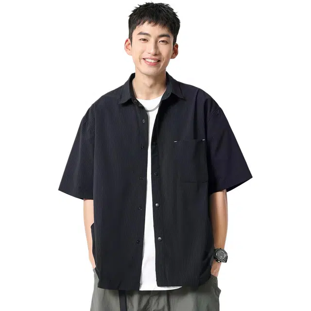 米素力 透气凉感高级感格子落肩袖短袖翻领宽松型衬衫 男款