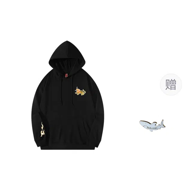 大白鲨 刺绣宽松潮流时尚连帽卫衣 男款 黑色