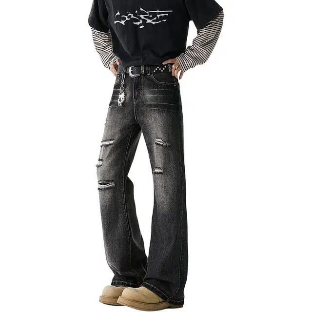 童先森 美式高街水洗破洞潮牌直筒宽松牛仔裤 男款
