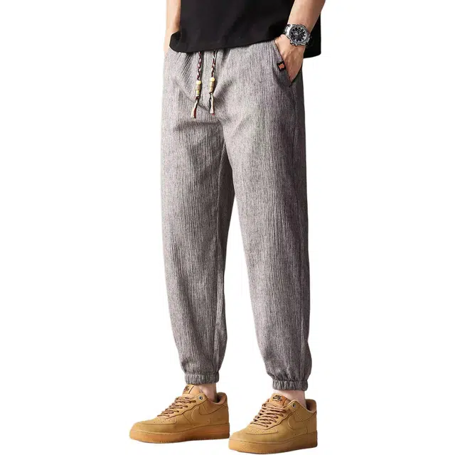 贵色 夏季 韩版青年潮牌水洗高端时尚亚麻透气男士纯色简约风格舒适亲肤柔软百搭神器直筒束脚潮流哈伦九分裤休闲裤 宽松 男女同款