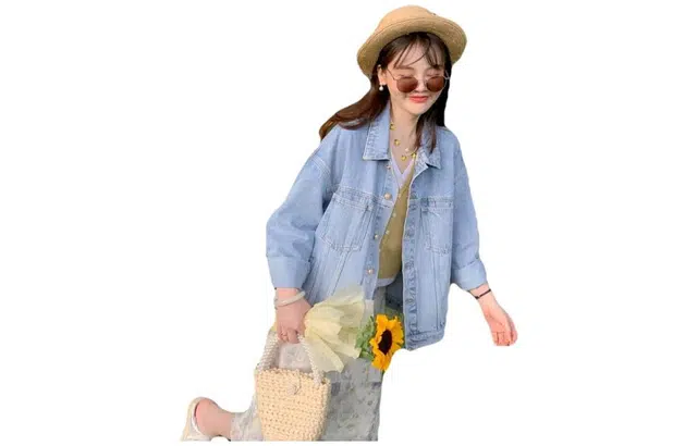 花栗鼠小姐 休闲纯色翻领单排扣牛仔外套 女款