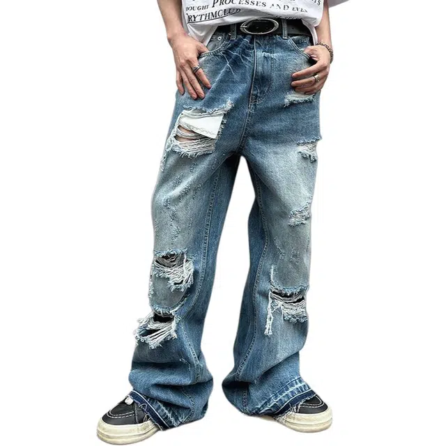 童先森 美式复古水洗微喇叭破洞潮牌高街休闲裤子牛仔裤 男款