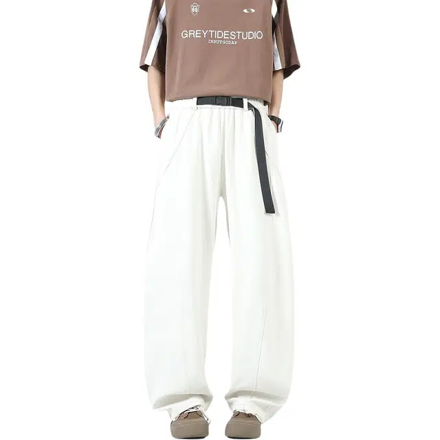 加荣 美式高街弯刀裤男士夏季轻薄透气潮牌青少年户外出行百搭休闲裤小众设计感大码抽绳松紧腰宽松运动裤直筒阔腿裤长裤 男女同款