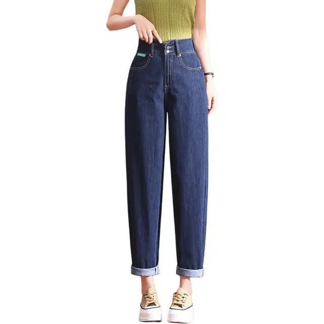 惟熙 高腰阔腿裤薄款宽松双扣设计小个子九分哈伦老爹裤牛仔裤 女款 蓝色