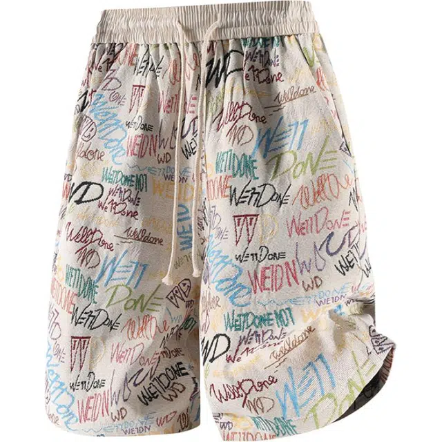 棉基因 美式高街嘻哈街头复古简易涂鸦宽松简约透气松紧腰无性别主义日常通勤基础五分休闲短裤 男女同款