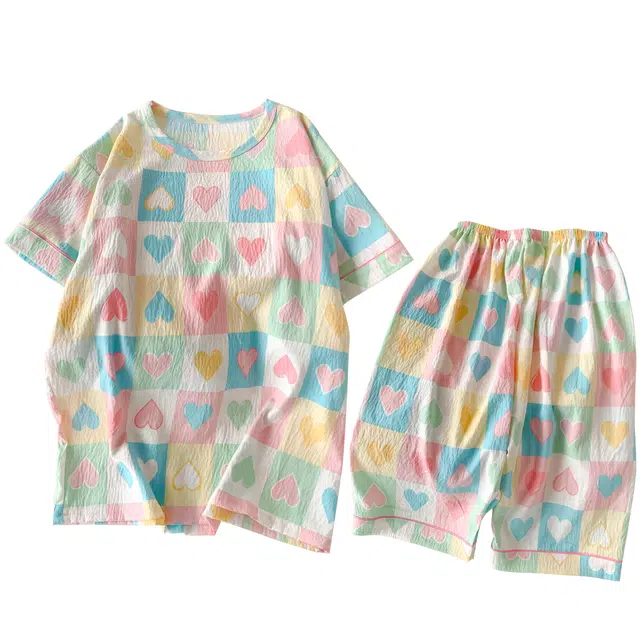 俏韵 圆领夏季云朵棉短袖短裤甜美爱心薄款家居服可外穿睡衣套装 女款