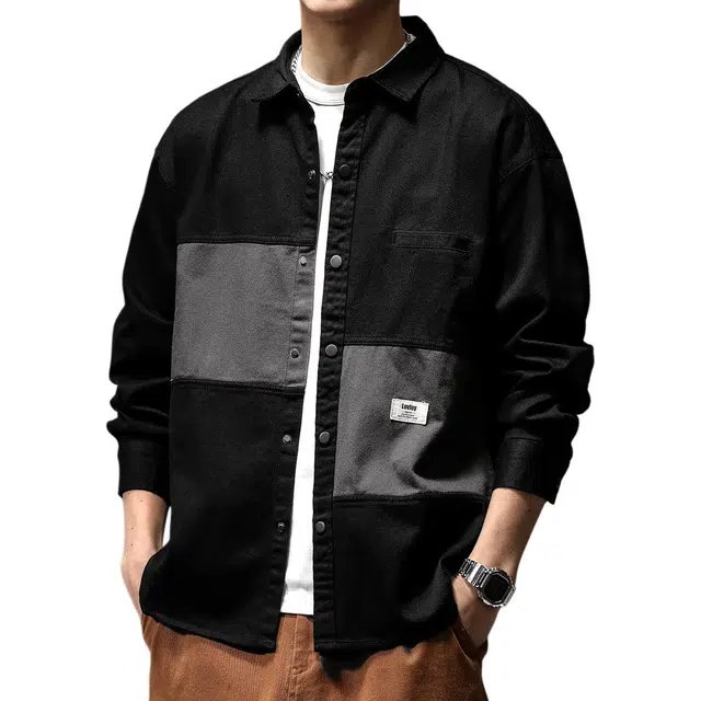 贵色 春季 男士百搭长袖衬衣夹克休闲外套男美式复古时尚痞帅重磅工装撞色拼接黑色长袖衬衫 男女同款