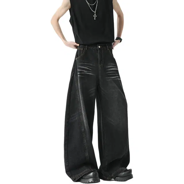 沃马 美式高街拼接弯刀水洗做旧废土风高级感痞帅复古重工牛仔裤 男女同款