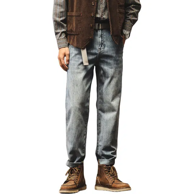 杰雷诺 美式经典宽松直筒休闲长裤潮牌阿美咔叽复古水洗薄款牛仔裤 男款