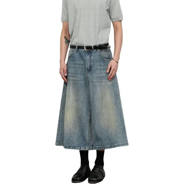 童先森 夏季美式复古竹节纹水洗做旧阔腿宽松七分牛仔短裤 男款