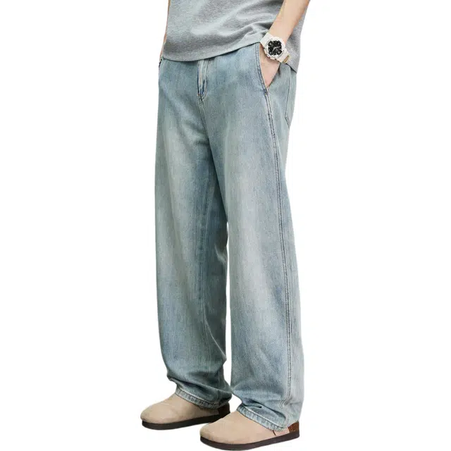 隐狼世家 潮牌美式复古男夏季天丝宽松垂感直筒慵懒风休闲裤牛仔裤 男款