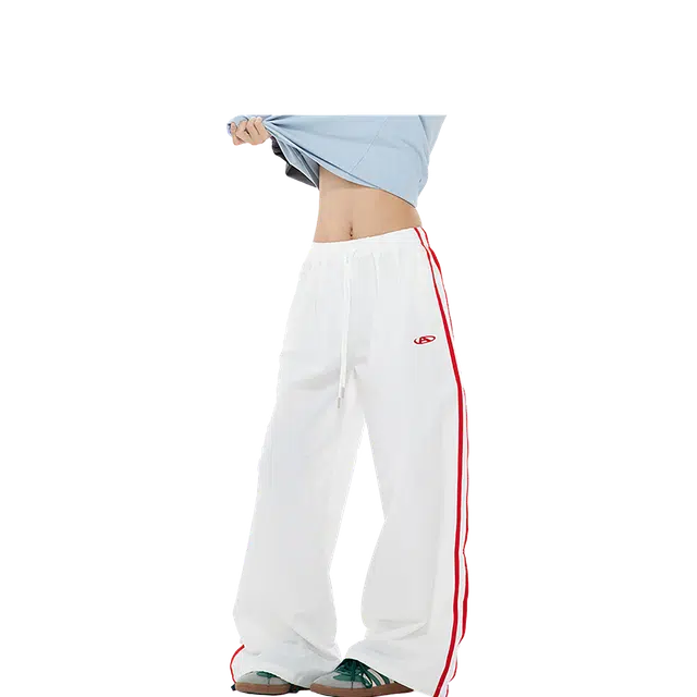 港仔文艺男 撞色拼接侧面山系户外运动条纹两条杠刺绣小标设计感可调节抽绳垂感速干阔腿裤百搭宽松休闲裤 男女同款