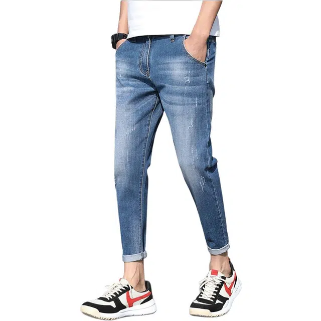 潮人榜 美式高街抓痕磨破设计感潮牌修身小脚弹力百搭小直筒九分裤牛仔裤 男款